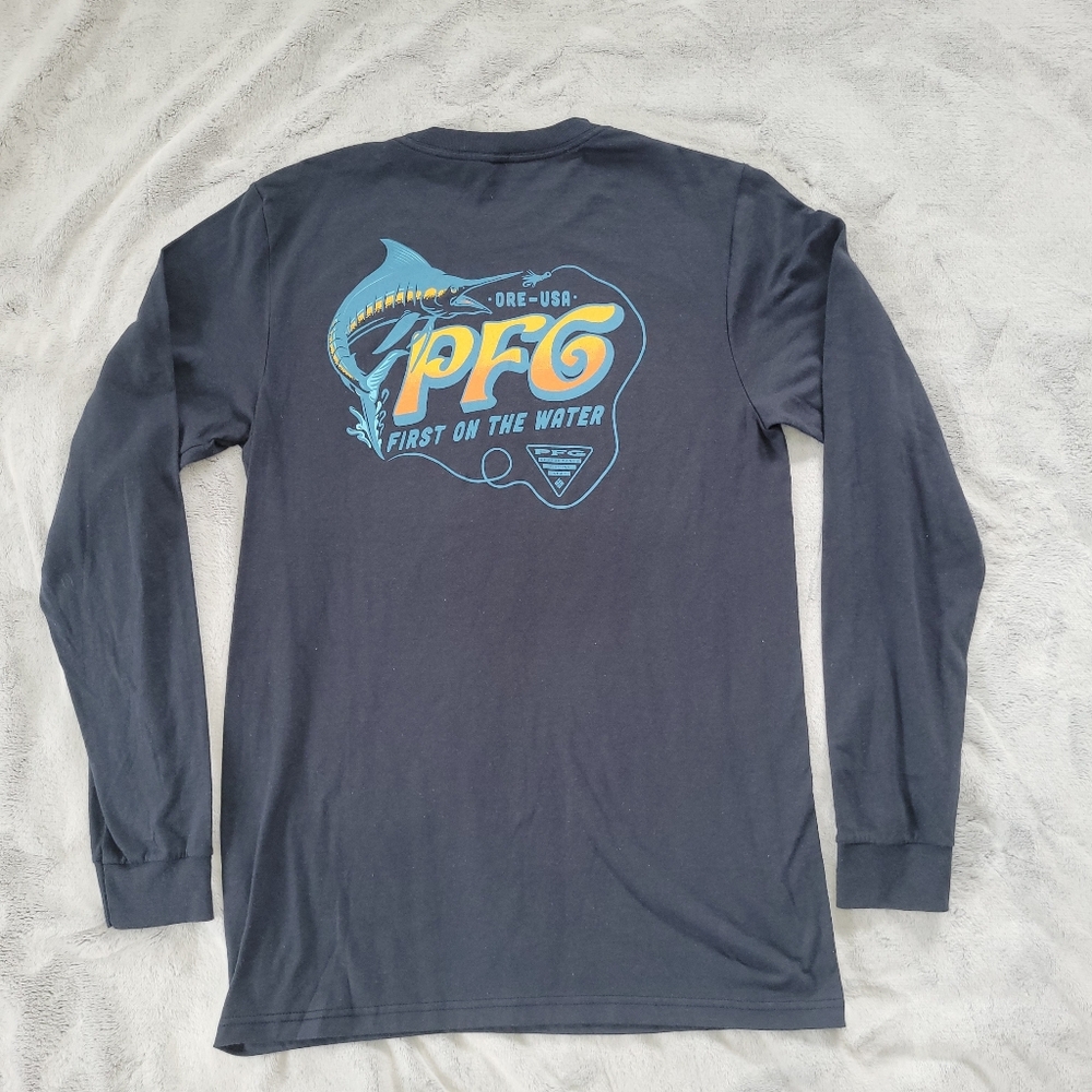 Columbia Mens Small PFG Blue Fishing Graphic Print Long Sleeve Shirt Fish Tackle